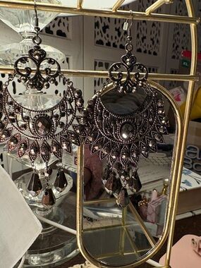 Ornate Filigree Chandelier Drop Earrings - Dark Gunmetal